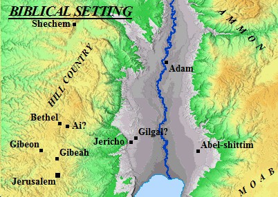 Map showing the position of the Biblical town of Bethel in relation to Jericho and Jerusalem