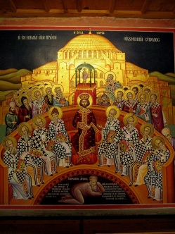 Icon from the Mégalo Metéoron Monastery in Greece, representing the First Ecumenical Council of Nikea 325 A.D., with the condemned Arius in the bottom of the icon.